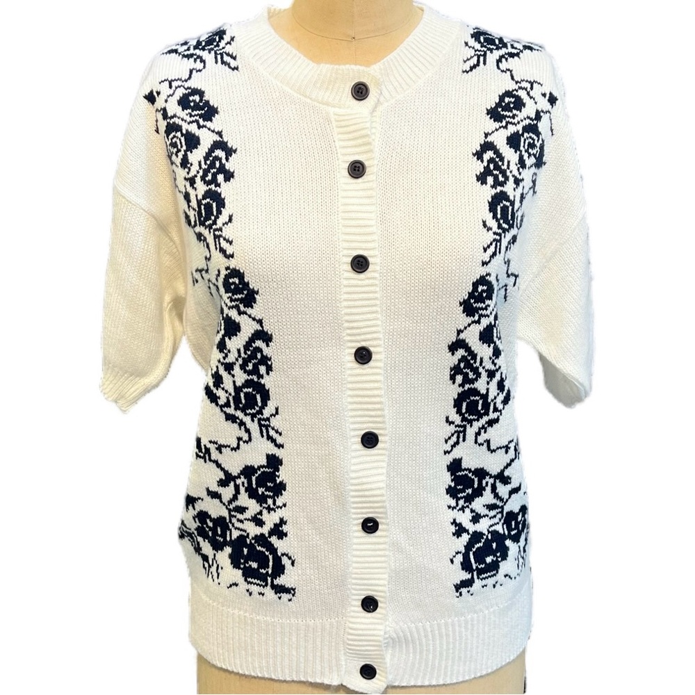 VINTAGE 60s 70s‎ button front knit sweater cardigan short sleeve scroll floral